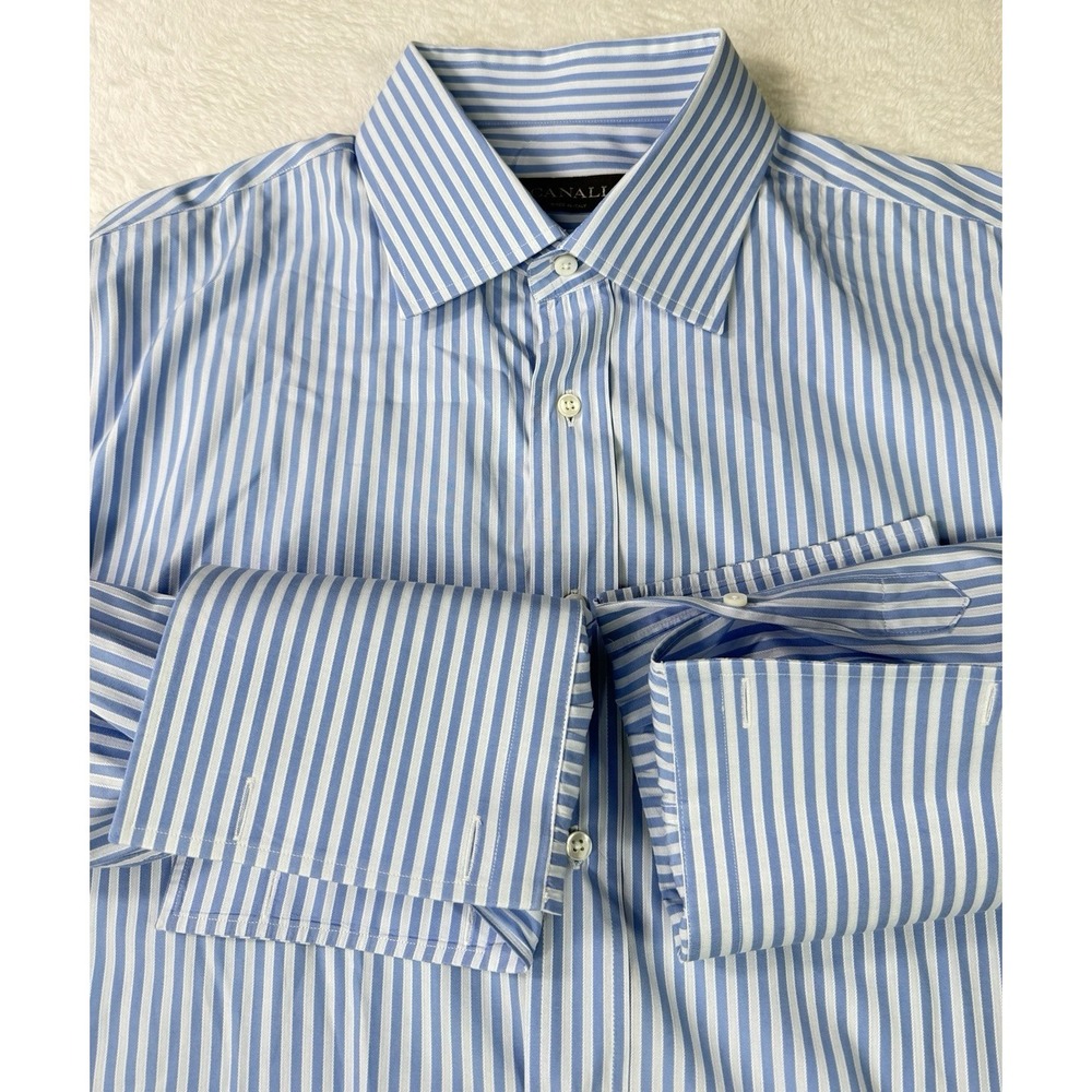 Canali Dress Shirt Mens 43/17 Blue Striped Button Long Sleeve Made in Italy Cuff